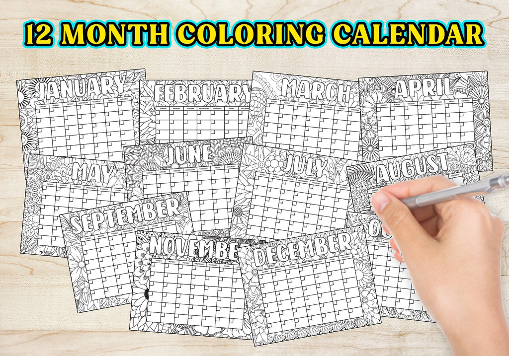 PDF Flower Pattern 12 Month Coloring Calendar, Printable  Floral Coloring Calendar,  Doodle Calendar to Color