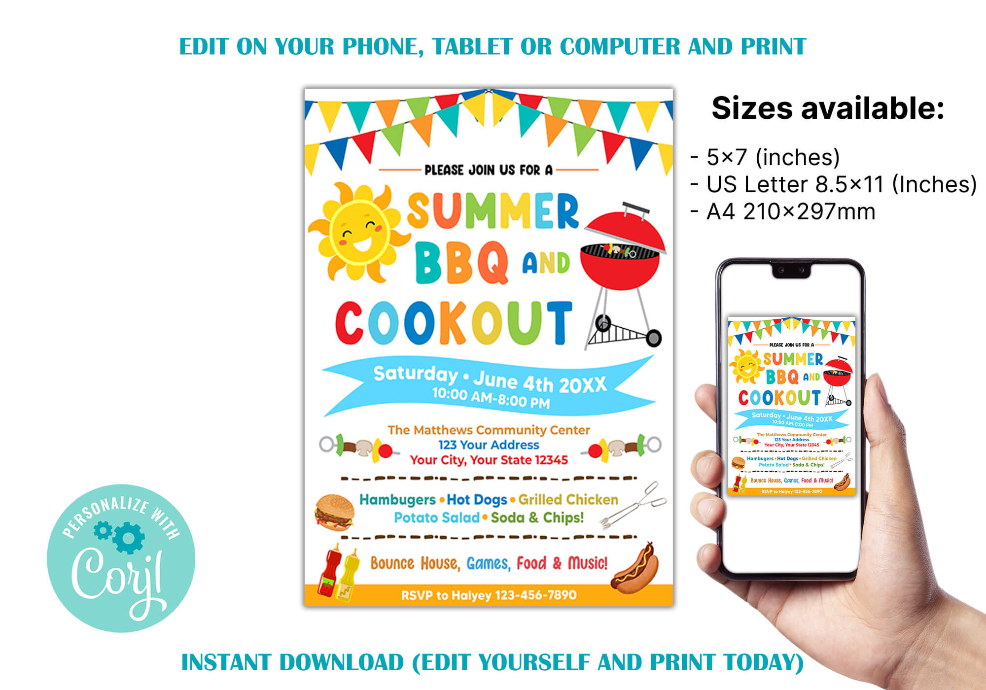 DIY Summer BBQ Cookout Invitation Template | Summer Barbecue Party Flyer Invite