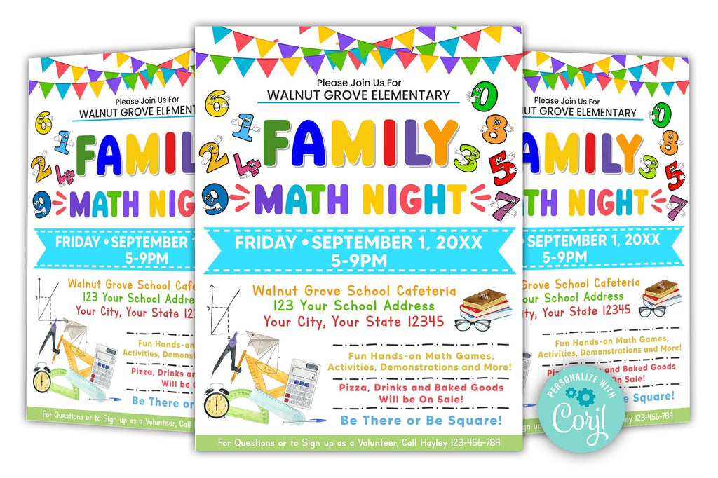 DIY Editable Family Math Night Flyer, Customizable PTO PTA Family School Math Flyer Printable