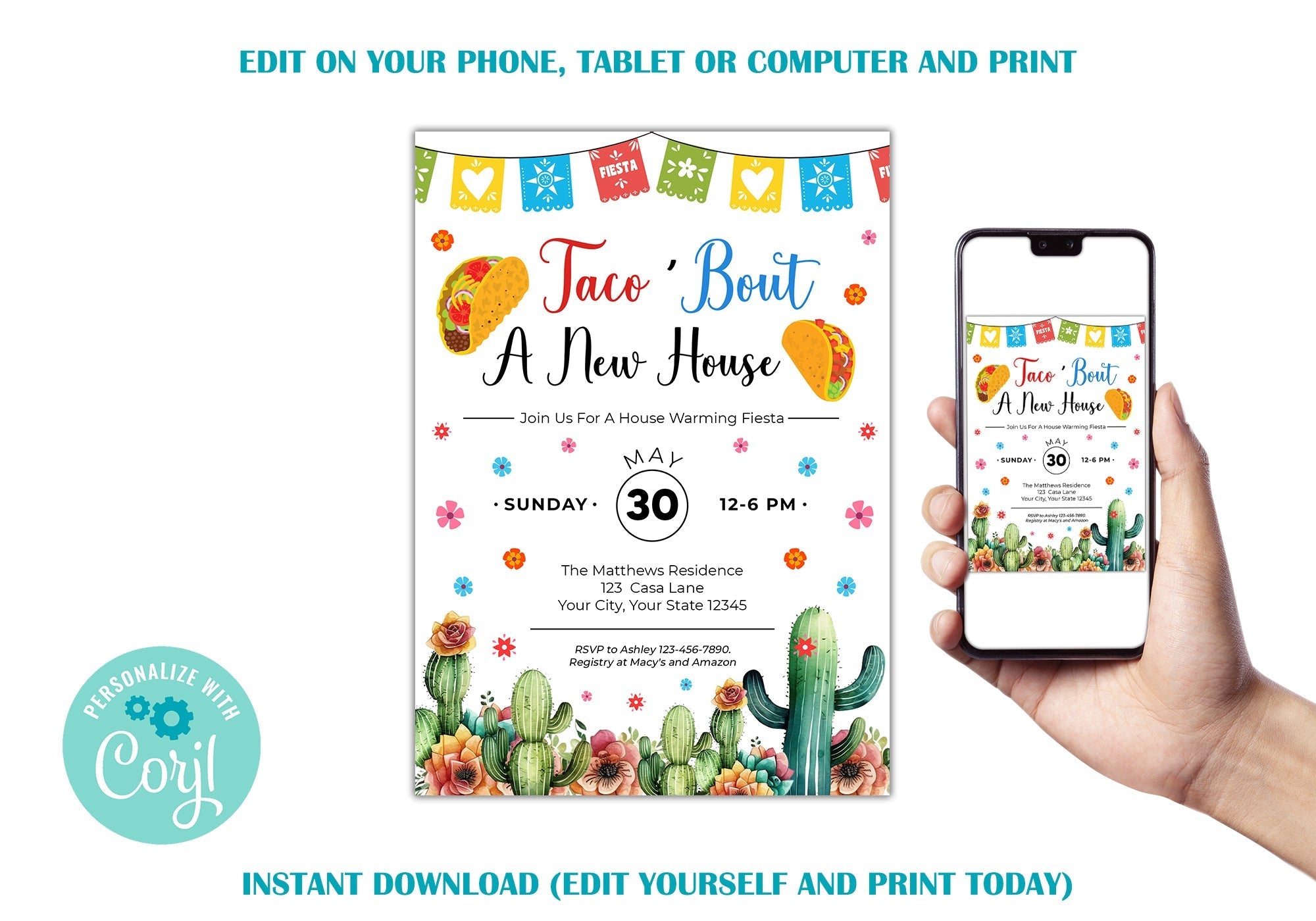 Customizable Taco Bout A New House Invitation | Fiesta Themed House Warming Invite Template