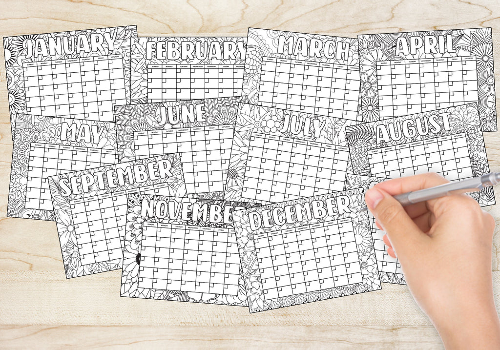 PDF Flower Pattern 12 Month Coloring Calendar, Printable  Floral Coloring Calendar,  Doodle Calendar to Color