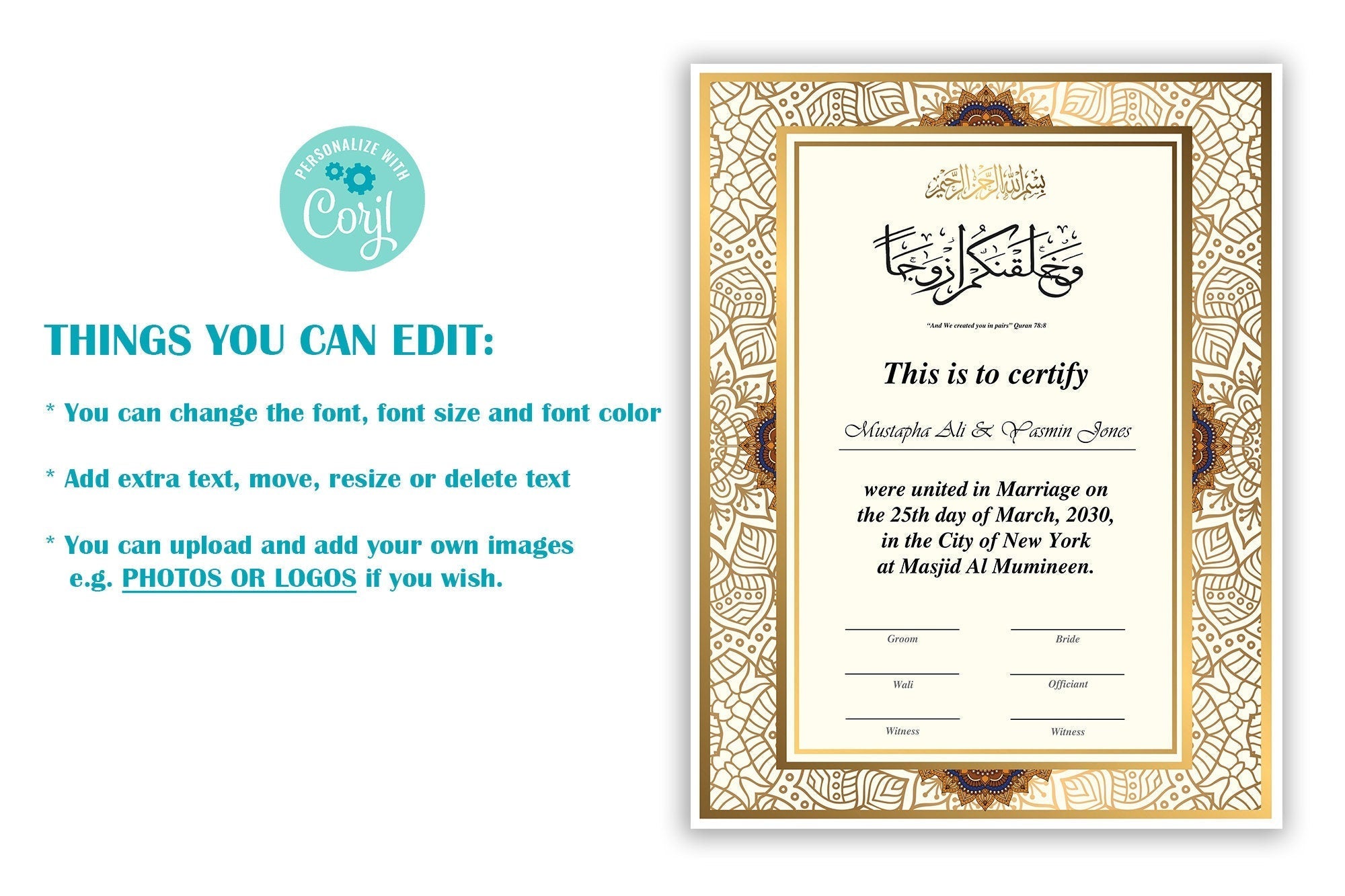 Editable Islamic Marriage Certificate, Customizable Nikah Template, Gold and Brown Nikah Certificate