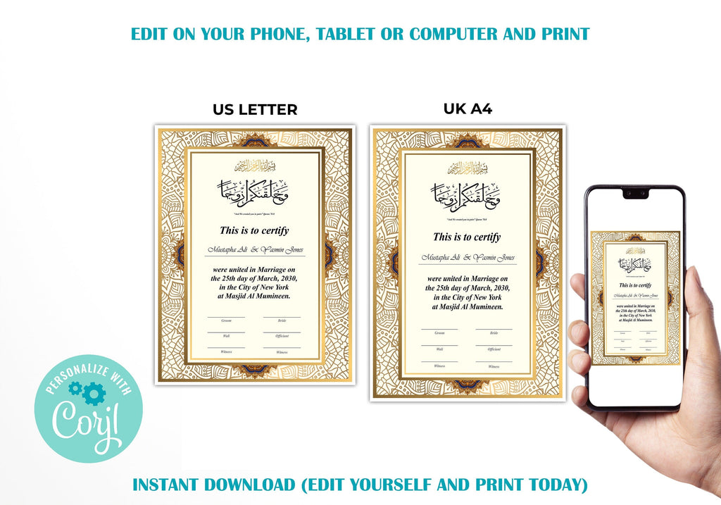 Editable Islamic Marriage Certificate, Customizable Nikah Template, Gold and Brown Nikah Certificate