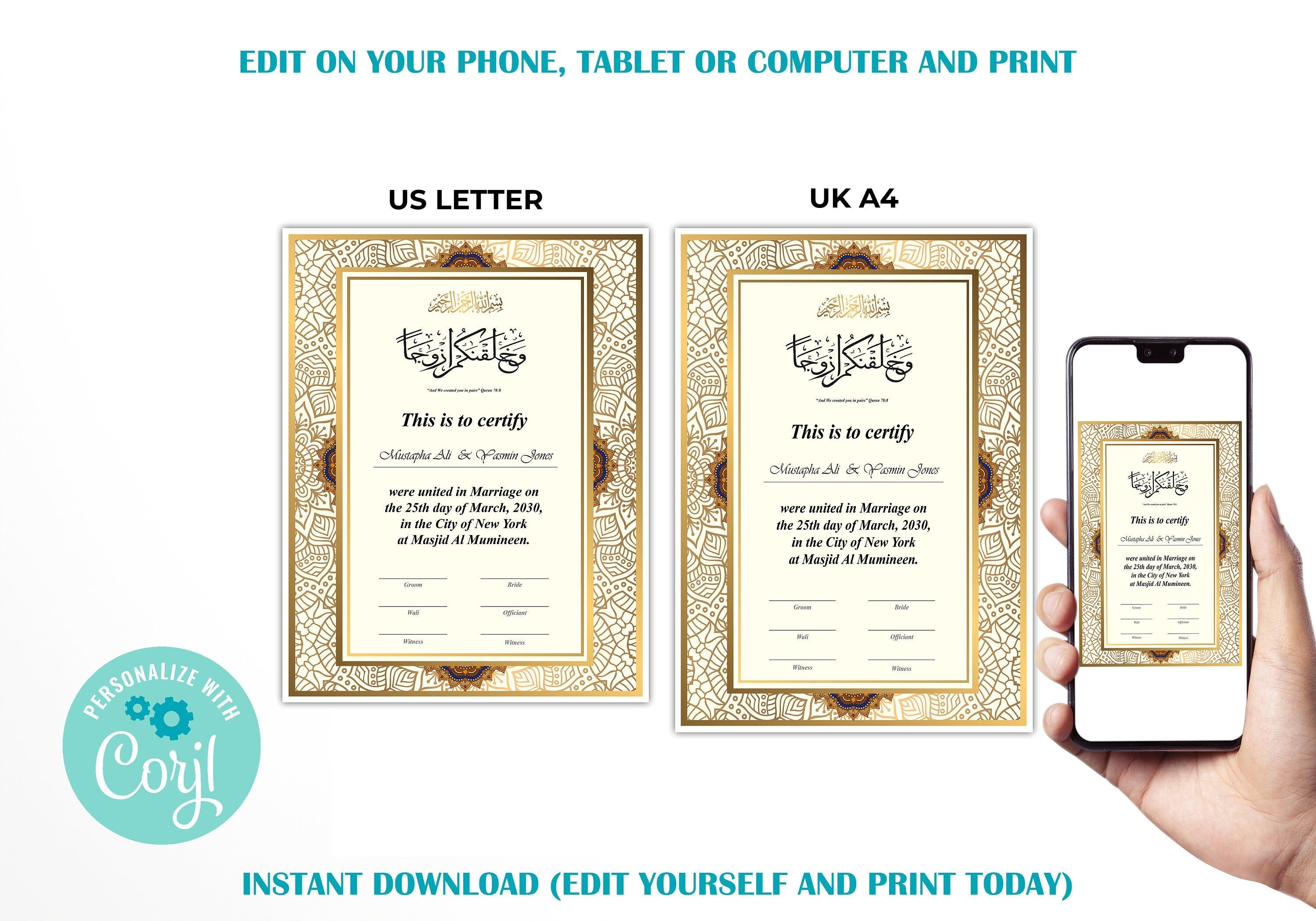 Editable Islamic Marriage Certificate, Customizable Nikah Template, Gold and Brown Nikah Certificate